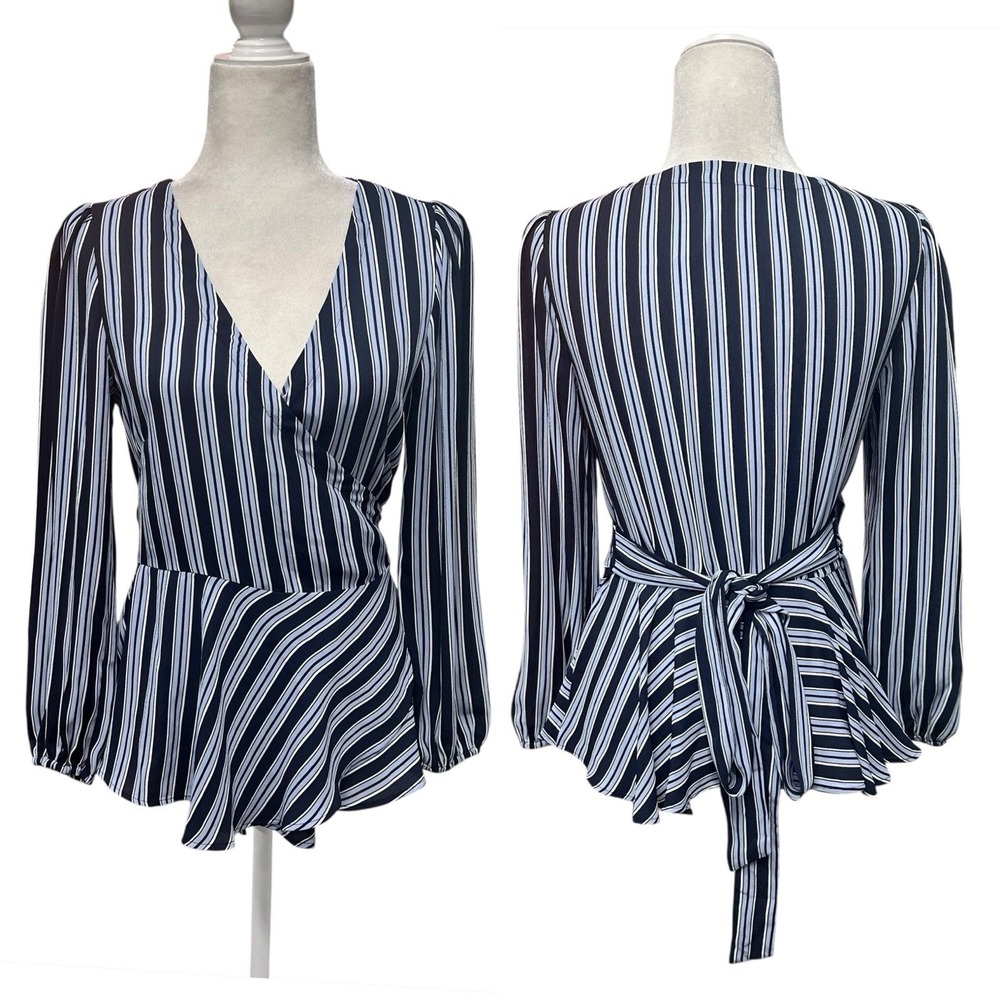 Ann Taylor LOFT Women Size XS Blue Striped Long Sleeve Peplum Tie Wrap Tunic NEW